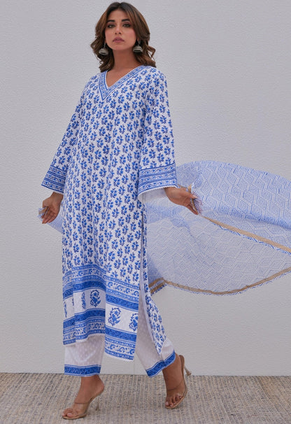 White Blue Hand Block Printed Kurta Set - Tara - C - Tara