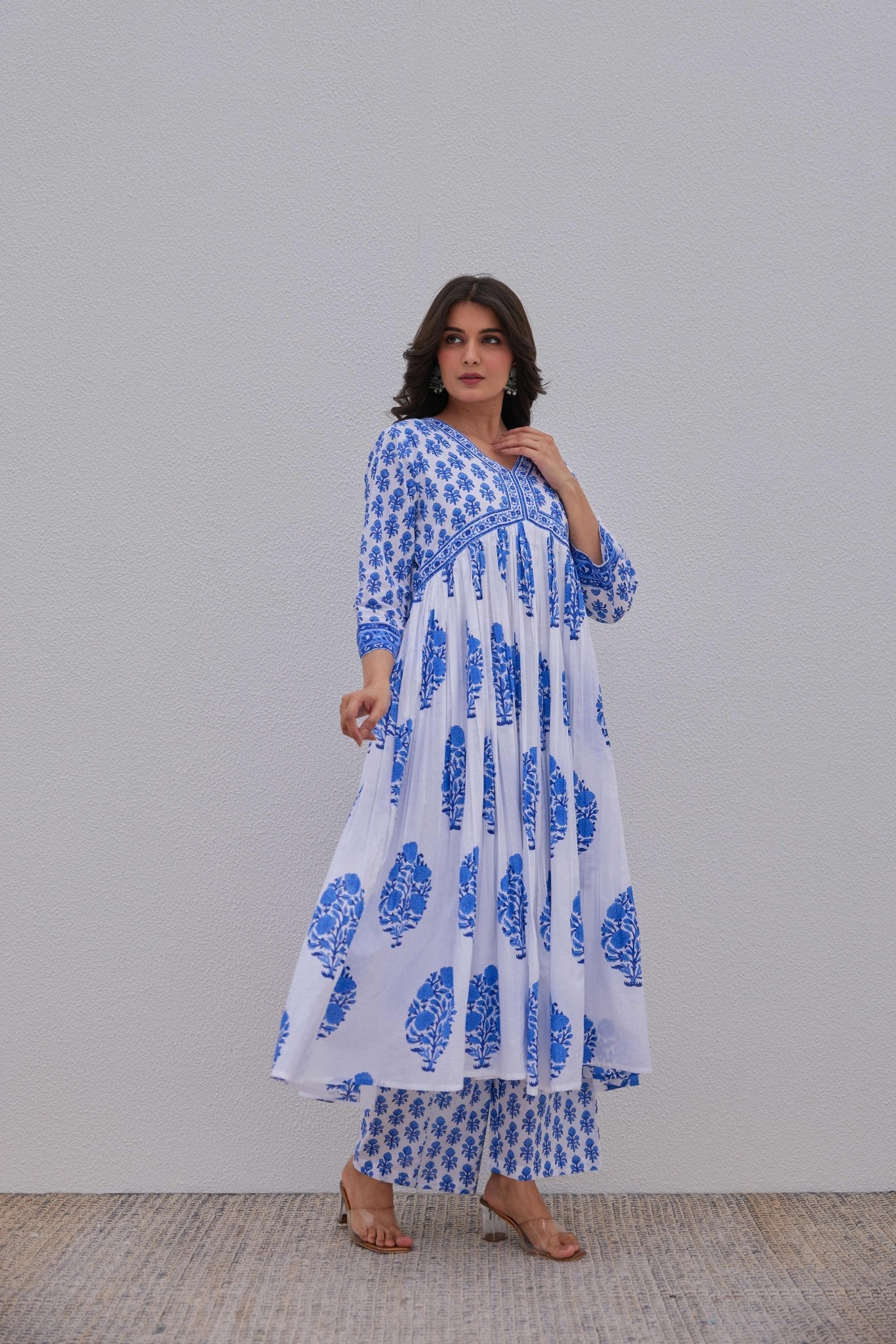 White Blue Hand Block Printed Kurta Set - Tara - C - Tara