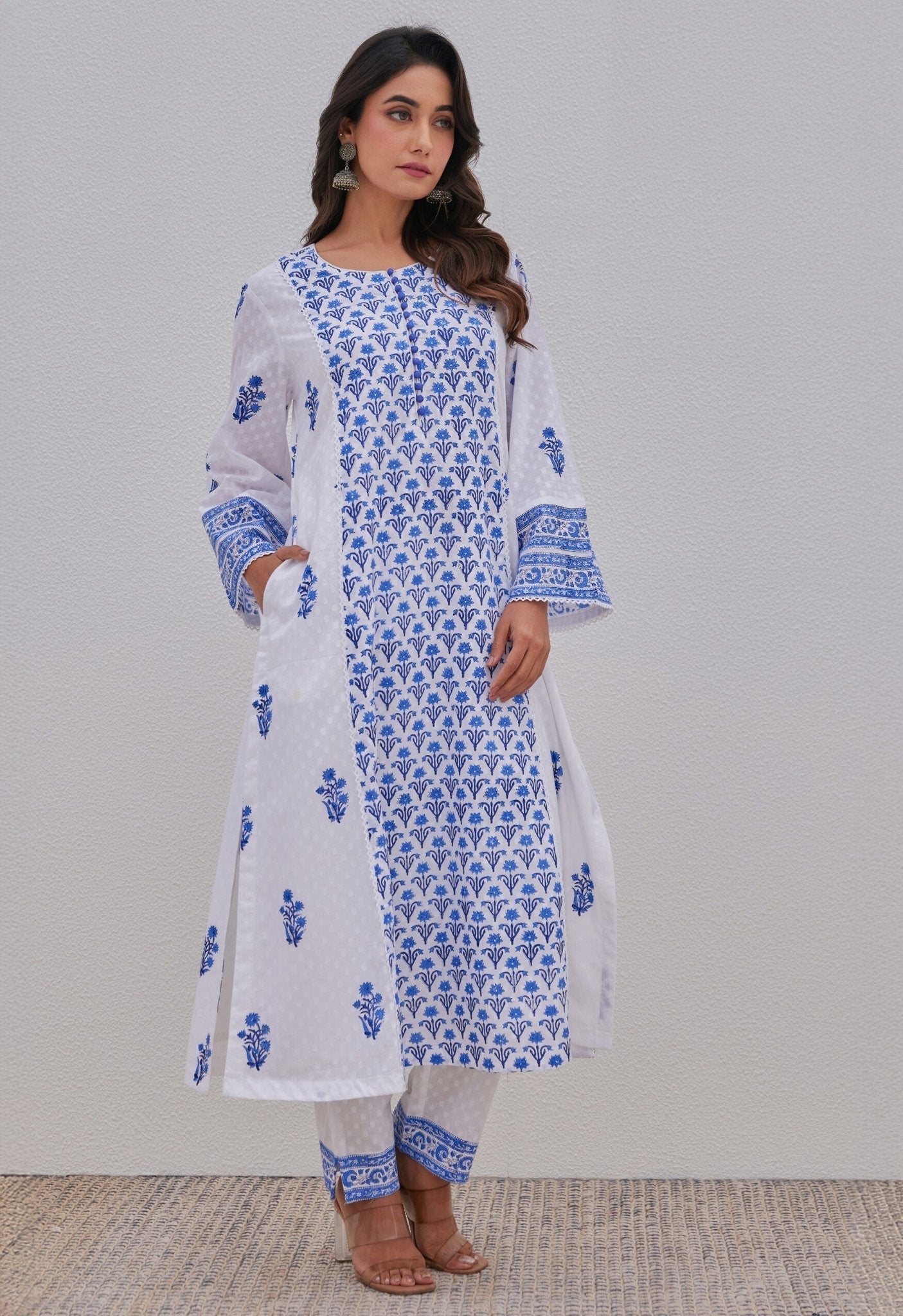 White Blue Hand Block Printed Kurta Set - Tara - C - Tara