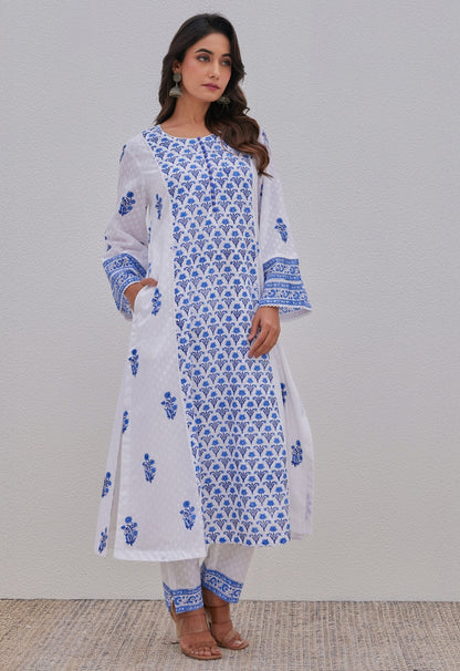 White Blue Hand Block Printed Kurta Set - Tara - C - Tara