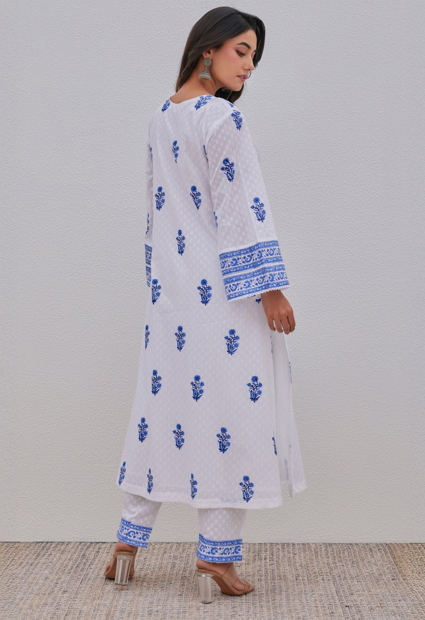 White Blue Hand Block Printed Kurta Set - Tara - C - Tara