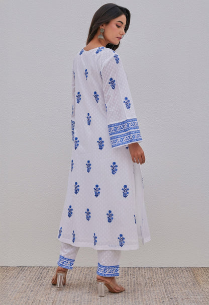 White Blue Hand Block Printed Kurta Set - Tara - C - Tara