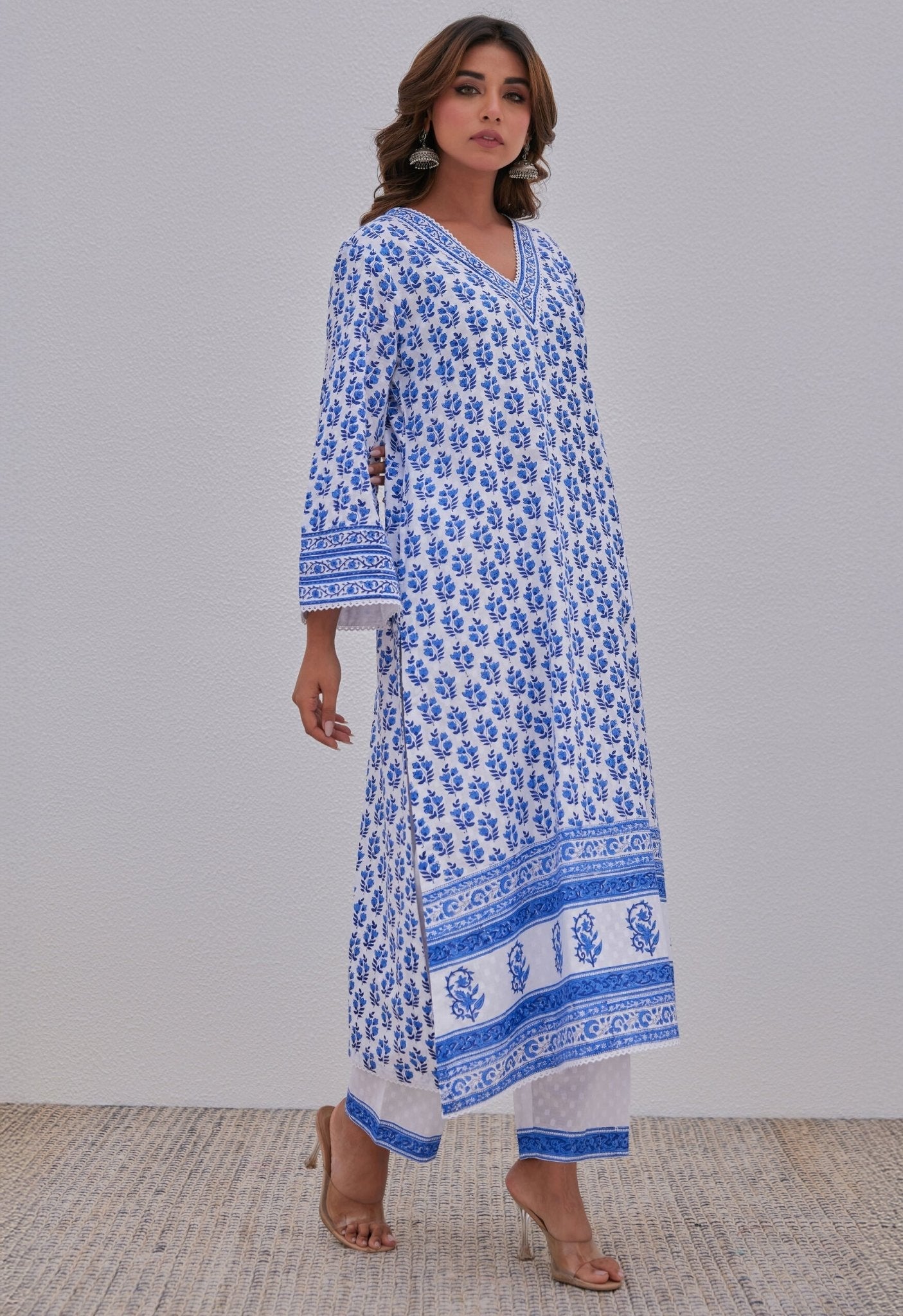 White Blue Hand Block Printed Kurta Set - Tara - C - Tara