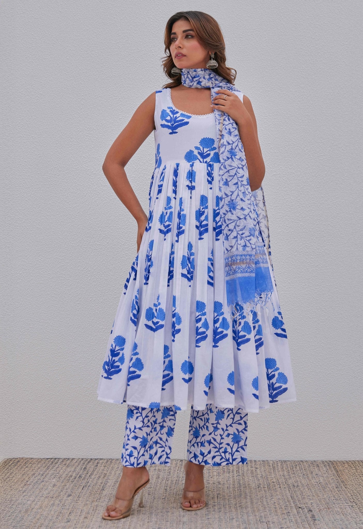 White Blue Hand Block Printed Kurta Set - Tara - C - Tara