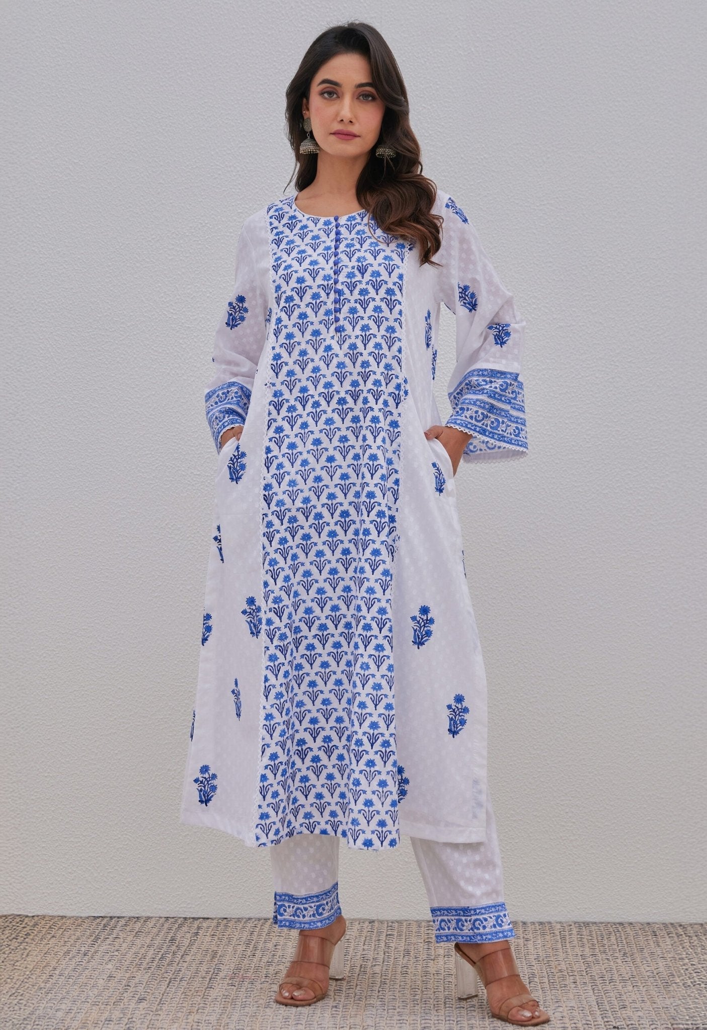 White Blue Hand Block Printed Kurta Set - Tara - C - Tara