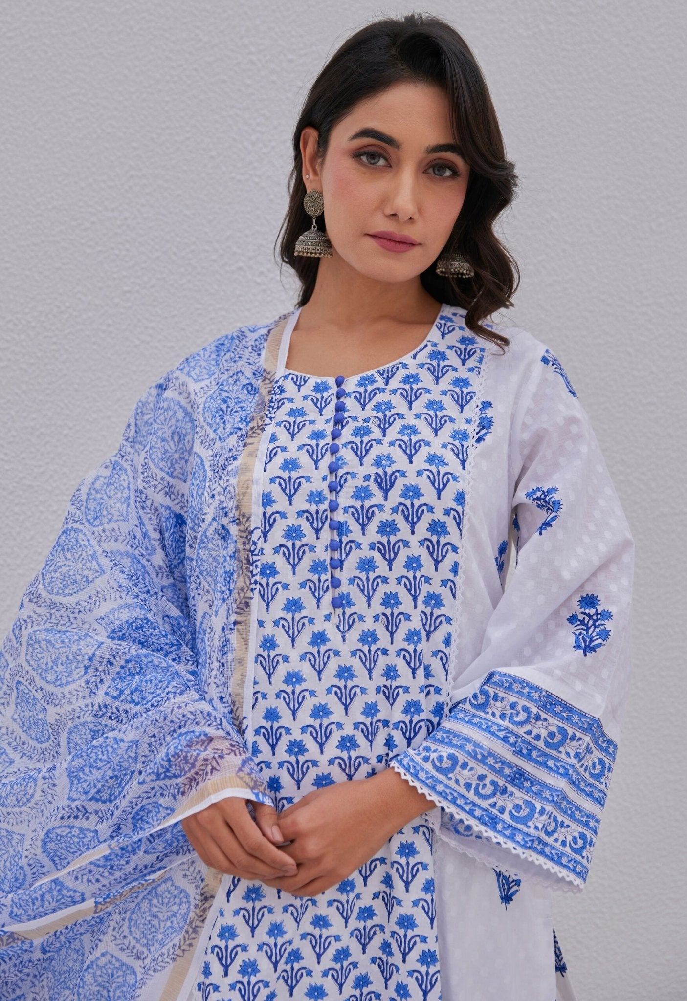 White Blue Hand Block Printed Kurta Set - Tara - C - Tara