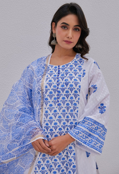 White Blue Hand Block Printed Kurta Set - Tara - C - Tara