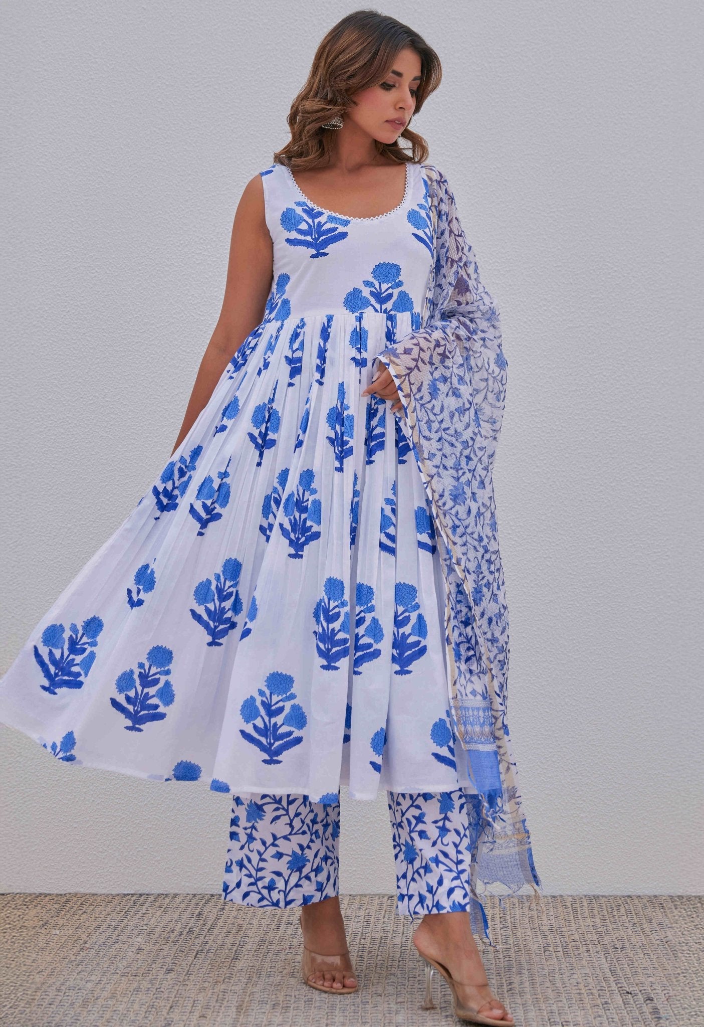 White Blue Hand Block Printed Kurta Set - Tara - C - Tara