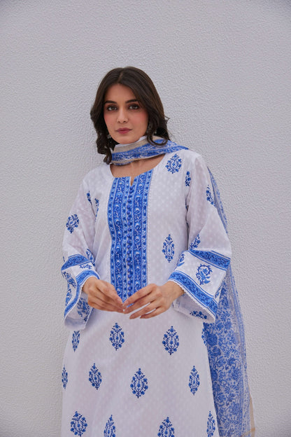 White Blue Hand Block Printed Kurta Set - Tara - C - Tara