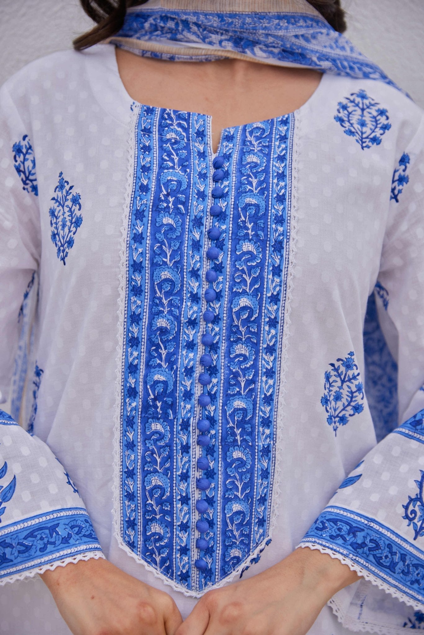 White Blue Hand Block Printed Kurta Set - Tara - C - Tara