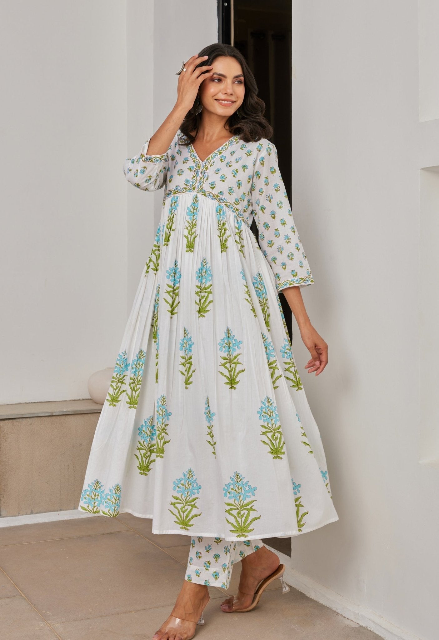 White Cotton Hand Block Printed Kurta Set With Dupatta - Tara - C - Tara