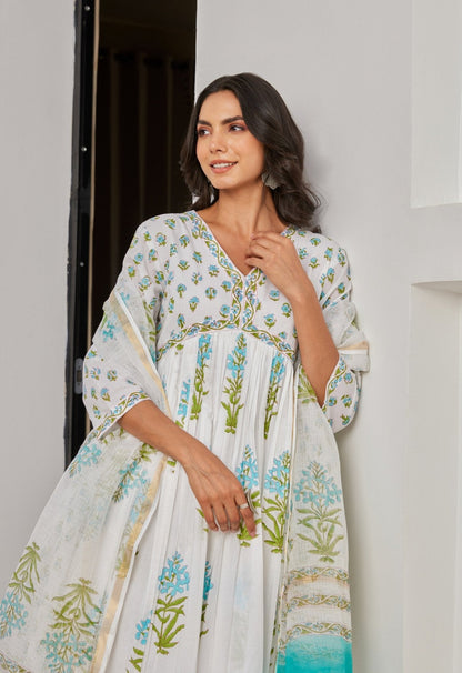 White Cotton Hand Block Printed Kurta Set With Dupatta - Tara - C - Tara