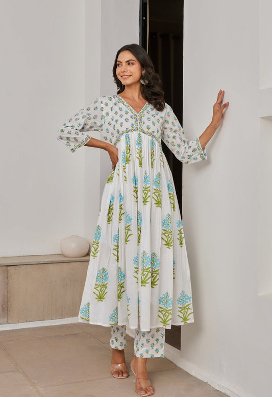 White Cotton Hand Block Printed Kurta Set With Dupatta - Tara - C - Tara