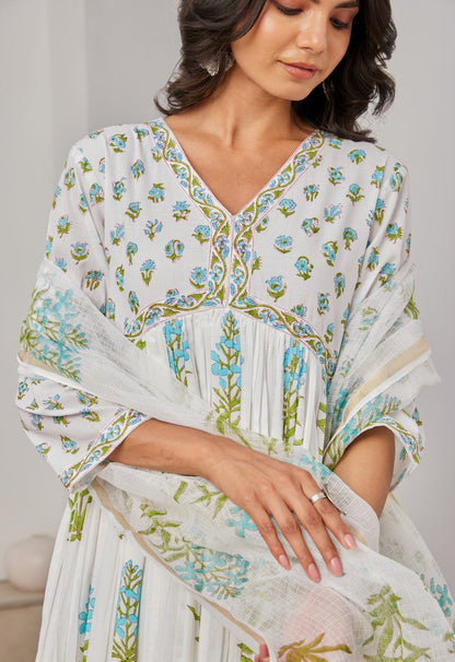 White Cotton Hand Block Printed Kurta Set With Dupatta - Tara - C - Tara