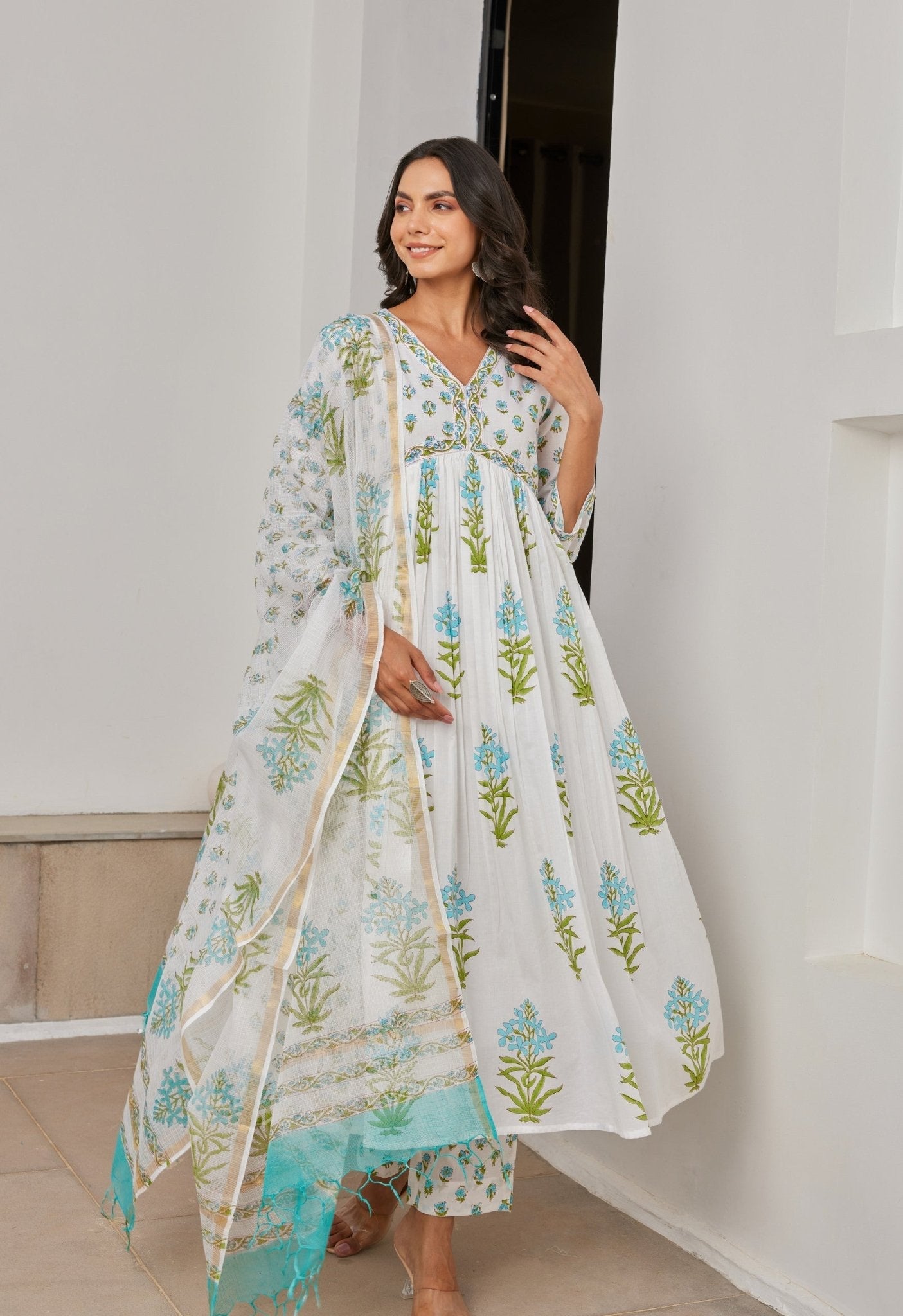 White Cotton Hand Block Printed Kurta Set With Dupatta - Tara - C - Tara