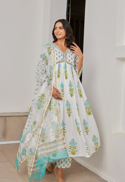 White Cotton Hand Block Printed Kurta Set With Dupatta - Tara - C - Tara