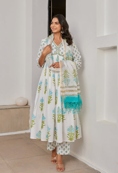 White Cotton Hand Block Printed Kurta Set With Dupatta - Tara - C - Tara