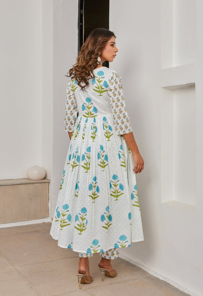 White Cotton Hand Block Printed Suit Set With Dupatta - Tara - C - Tara