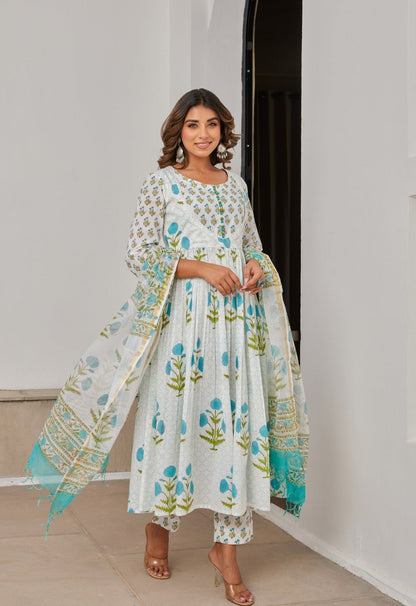 White Cotton Hand Block Printed Suit Set With Dupatta - Tara - C - Tara