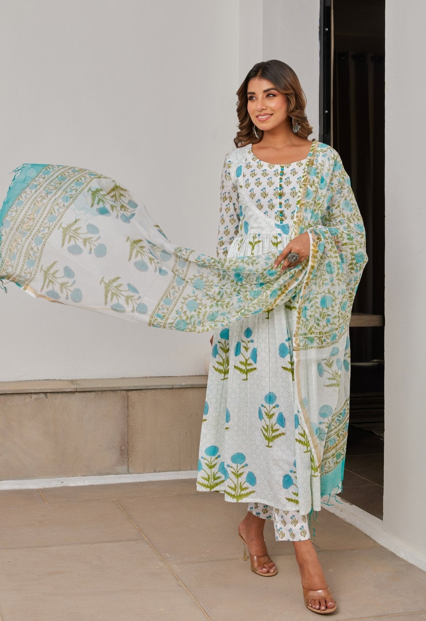 White Cotton Hand Block Printed Suit Set With Dupatta - Tara - C - Tara