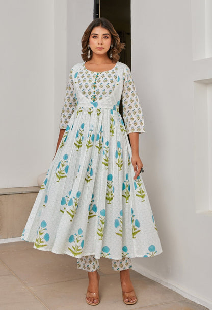 White Cotton Hand Block Printed Suit Set With Dupatta - Tara - C - Tara