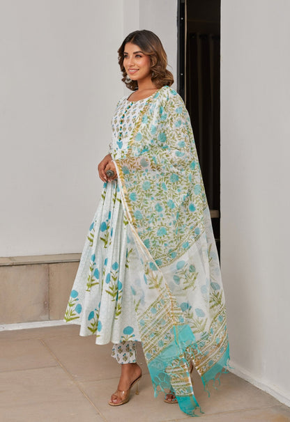 White Cotton Hand Block Printed Suit Set With Dupatta - Tara - C - Tara