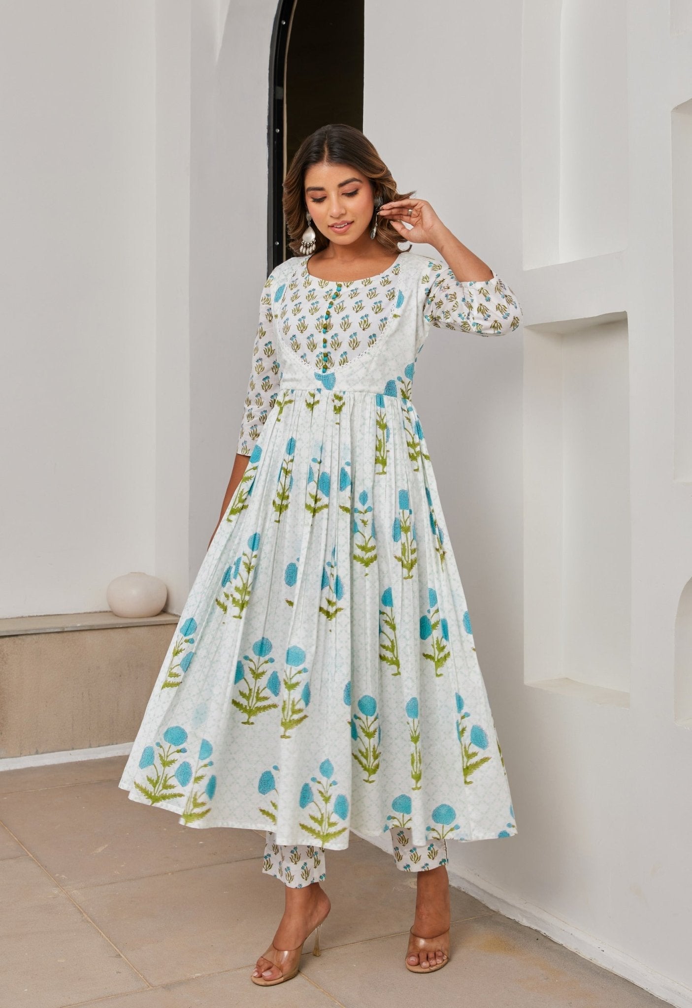 White Cotton Hand Block Printed Suit Set With Dupatta - Tara - C - Tara