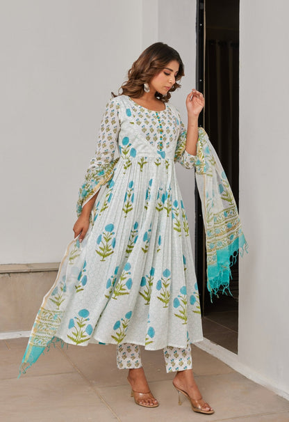 White Cotton Hand Block Printed Suit Set With Dupatta - Tara - C - Tara