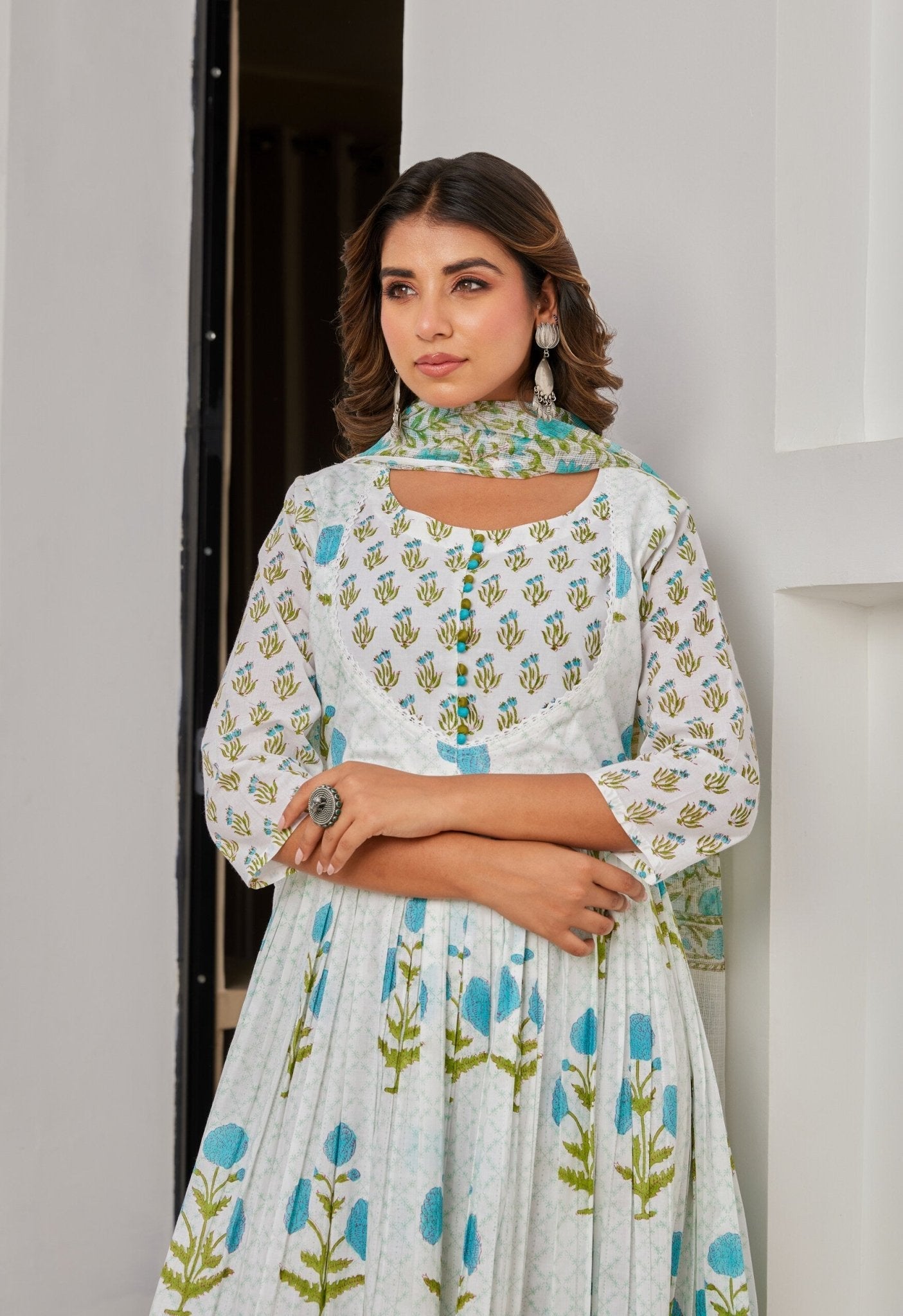 White Cotton Hand Block Printed Suit Set With Dupatta - Tara - C - Tara