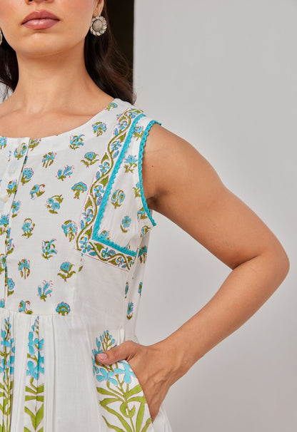 White Floral Hand Block Printed Kurta Set With Dupatta - Tara - C - Tara