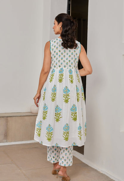 White Floral Hand Block Printed Kurta Set With Dupatta - Tara - C - Tara