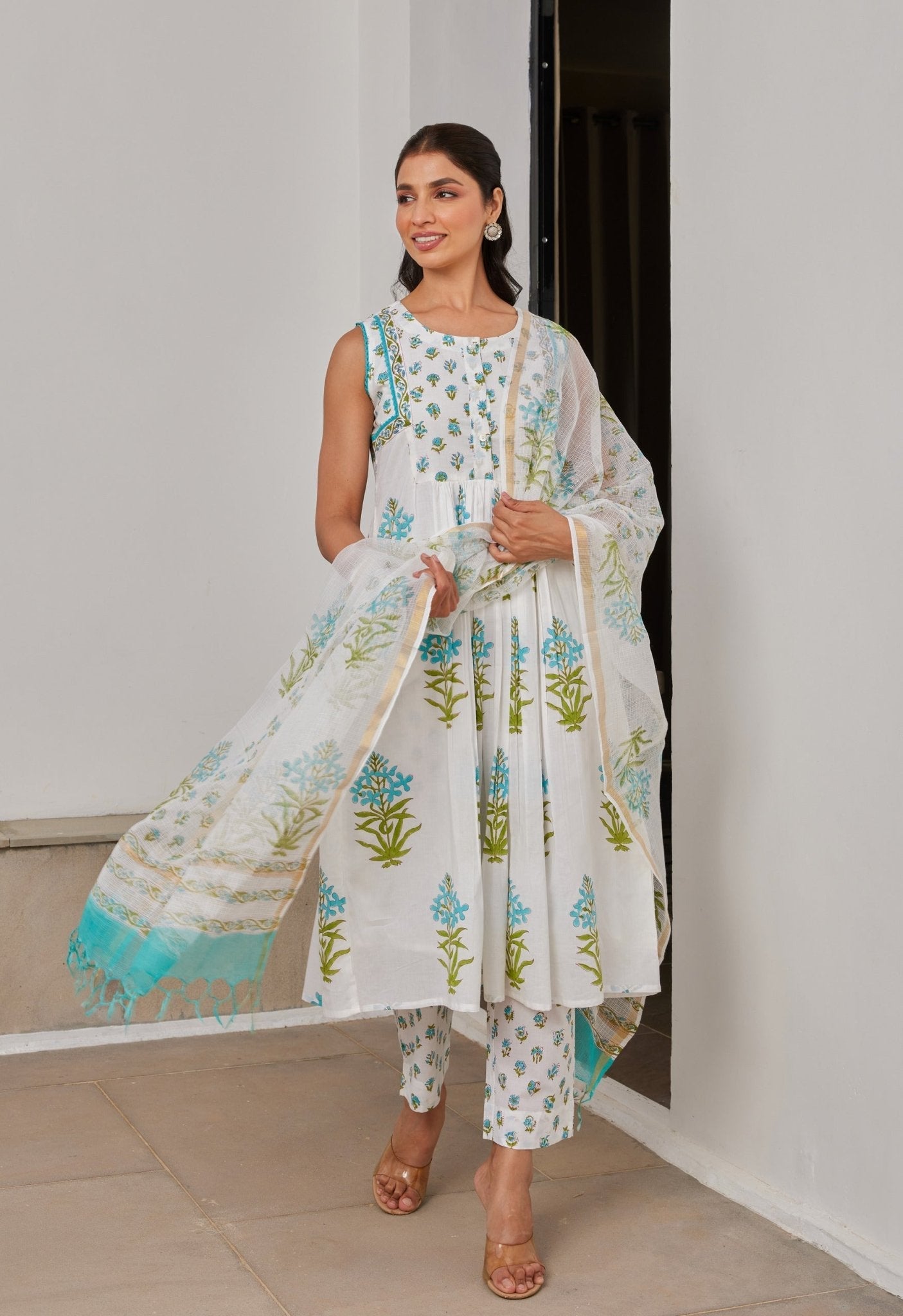 White Floral Hand Block Printed Kurta Set With Dupatta - Tara - C - Tara