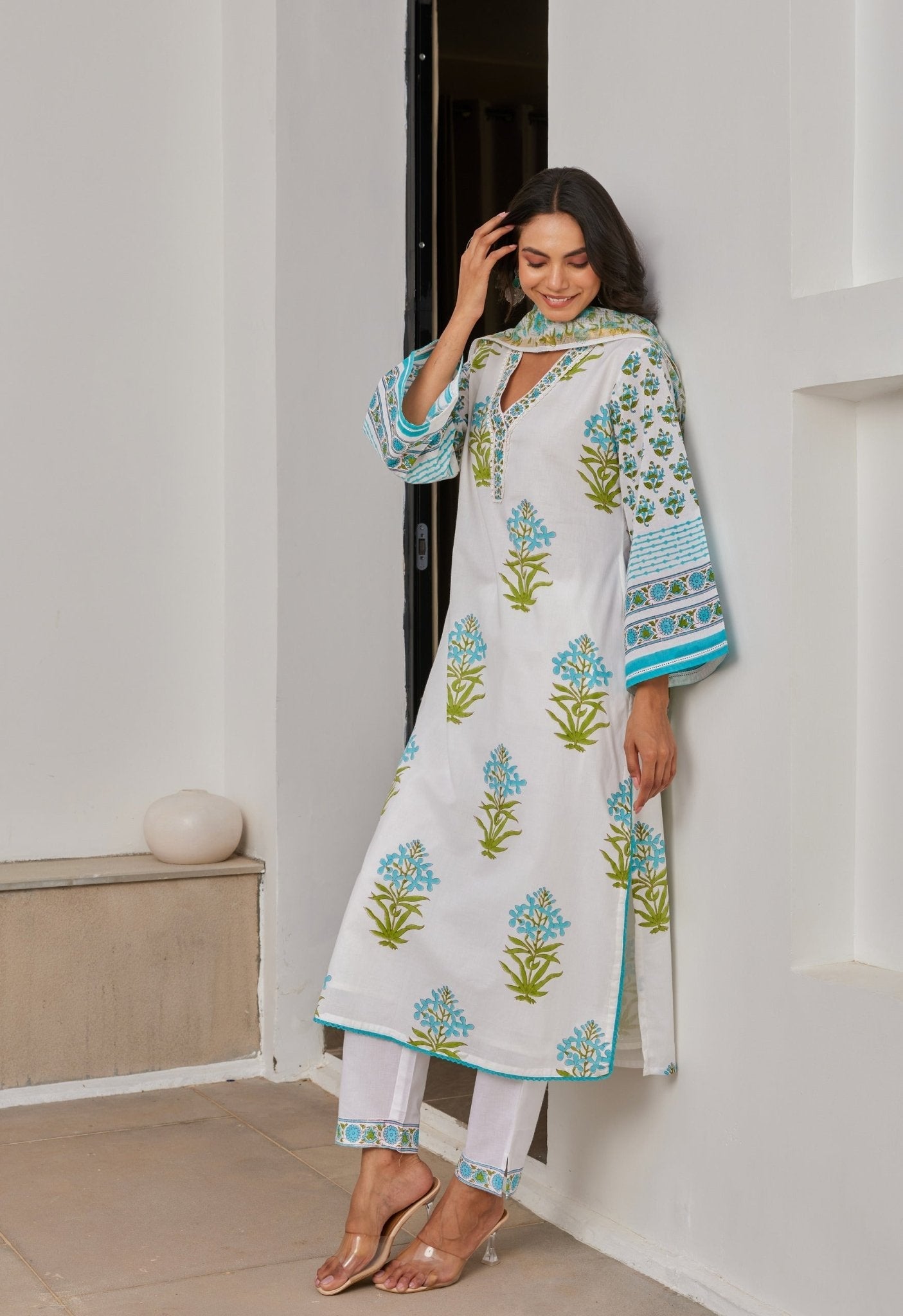 White Hand Block Printed Kurta Set With Dupatta - Tara - C - Tara