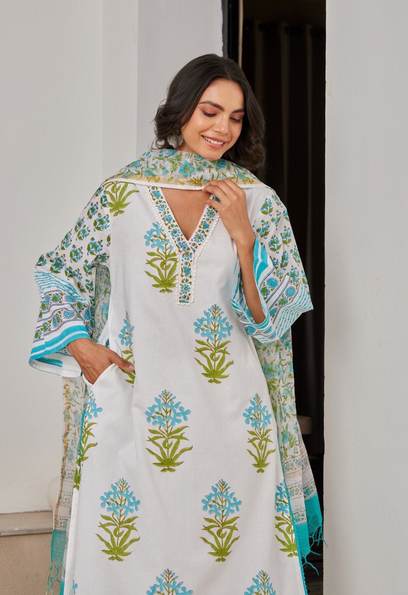 White Hand Block Printed Kurta Set With Dupatta - Tara - C - Tara