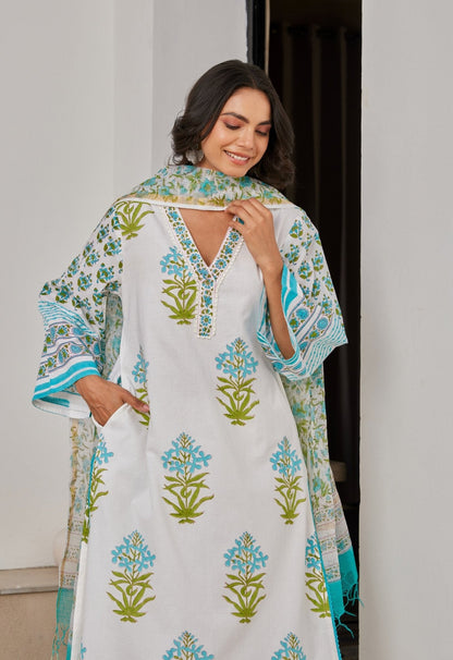 White Hand Block Printed Kurta Set With Dupatta - Tara - C - Tara
