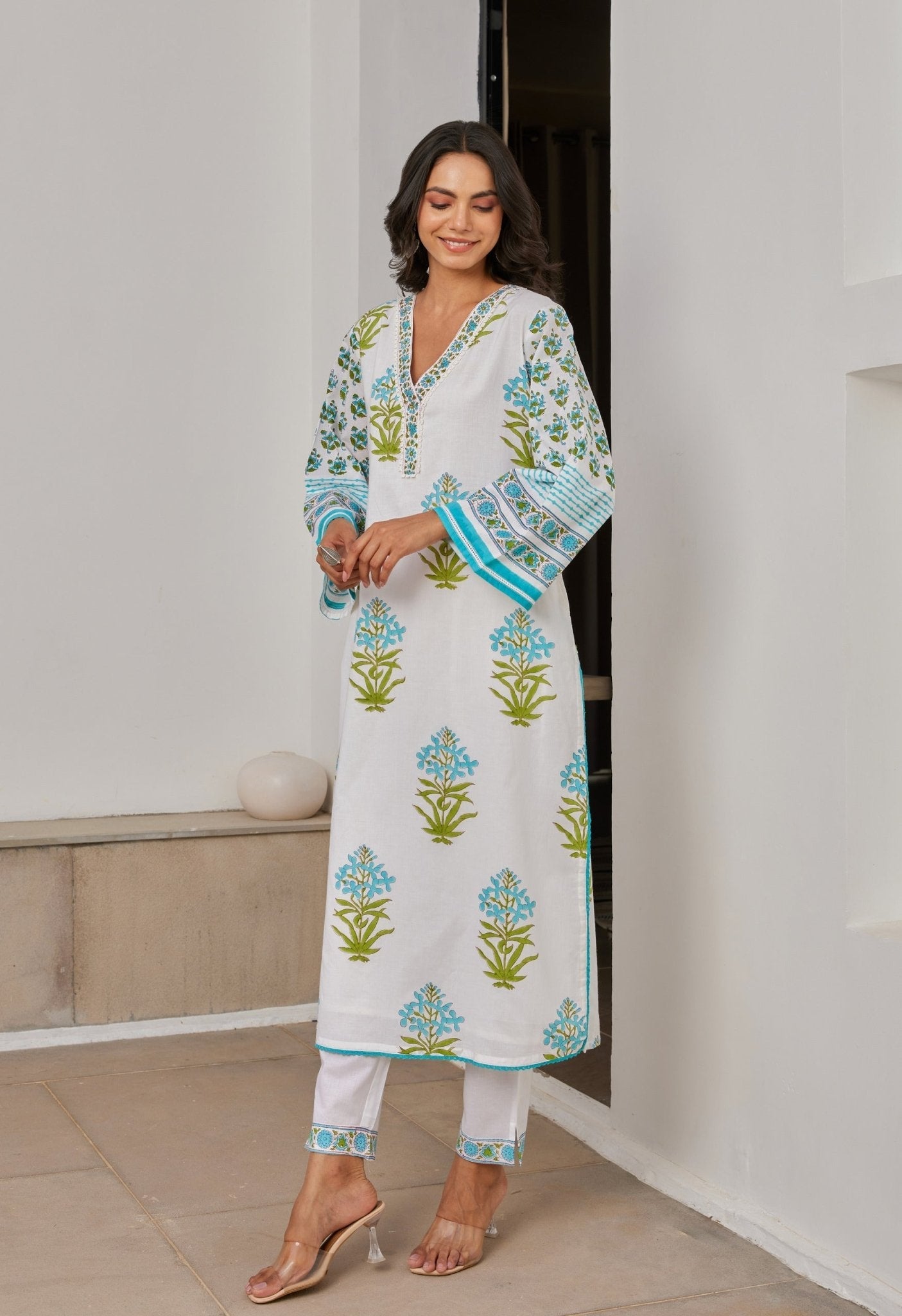 White Hand Block Printed Kurta Set With Dupatta - Tara - C - Tara