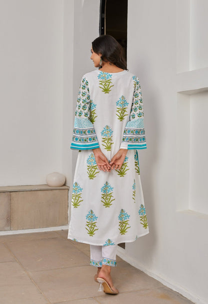 White Hand Block Printed Kurta Set With Dupatta - Tara - C - Tara