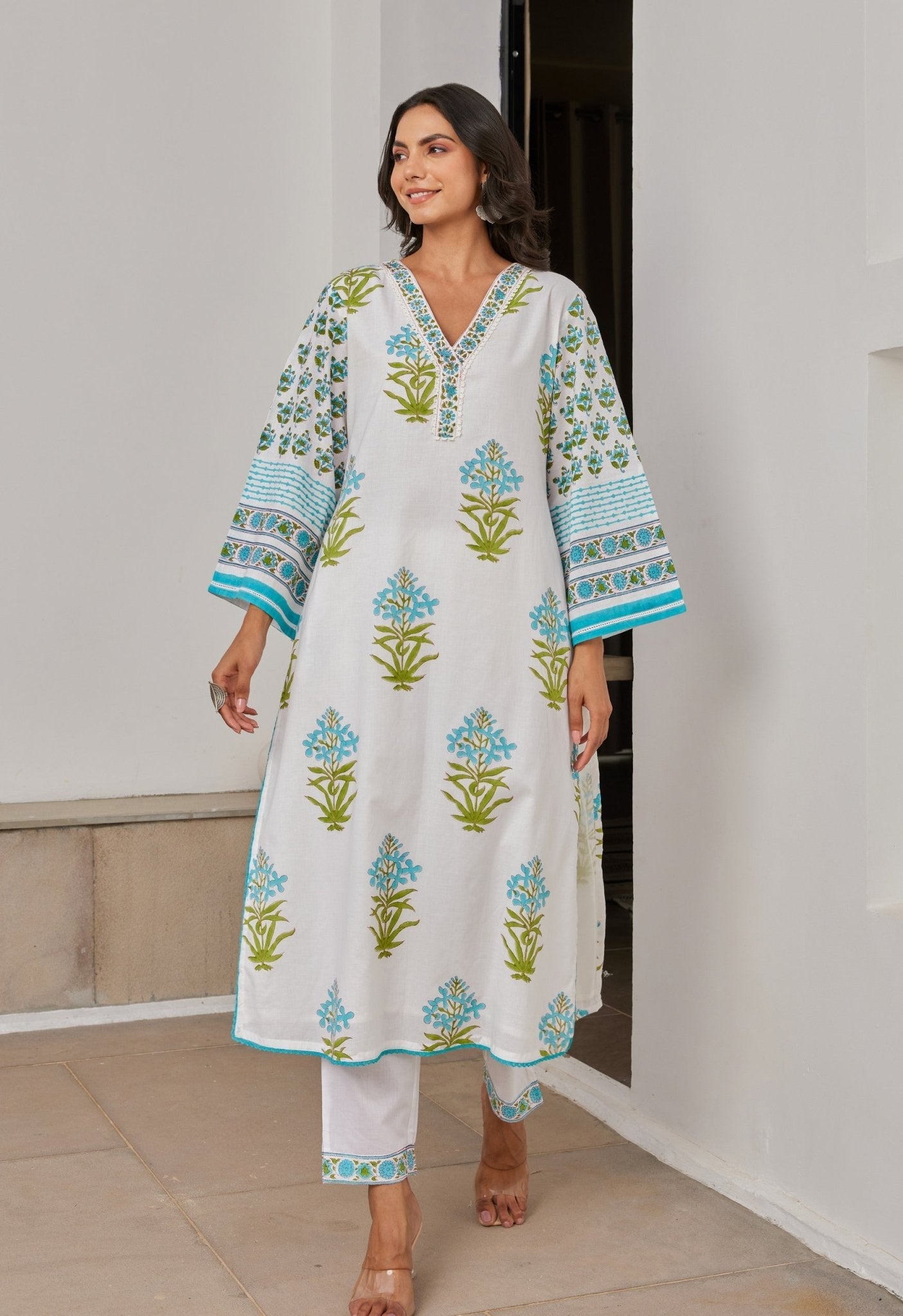 White Hand Block Printed Kurta Set With Dupatta - Tara - C - Tara