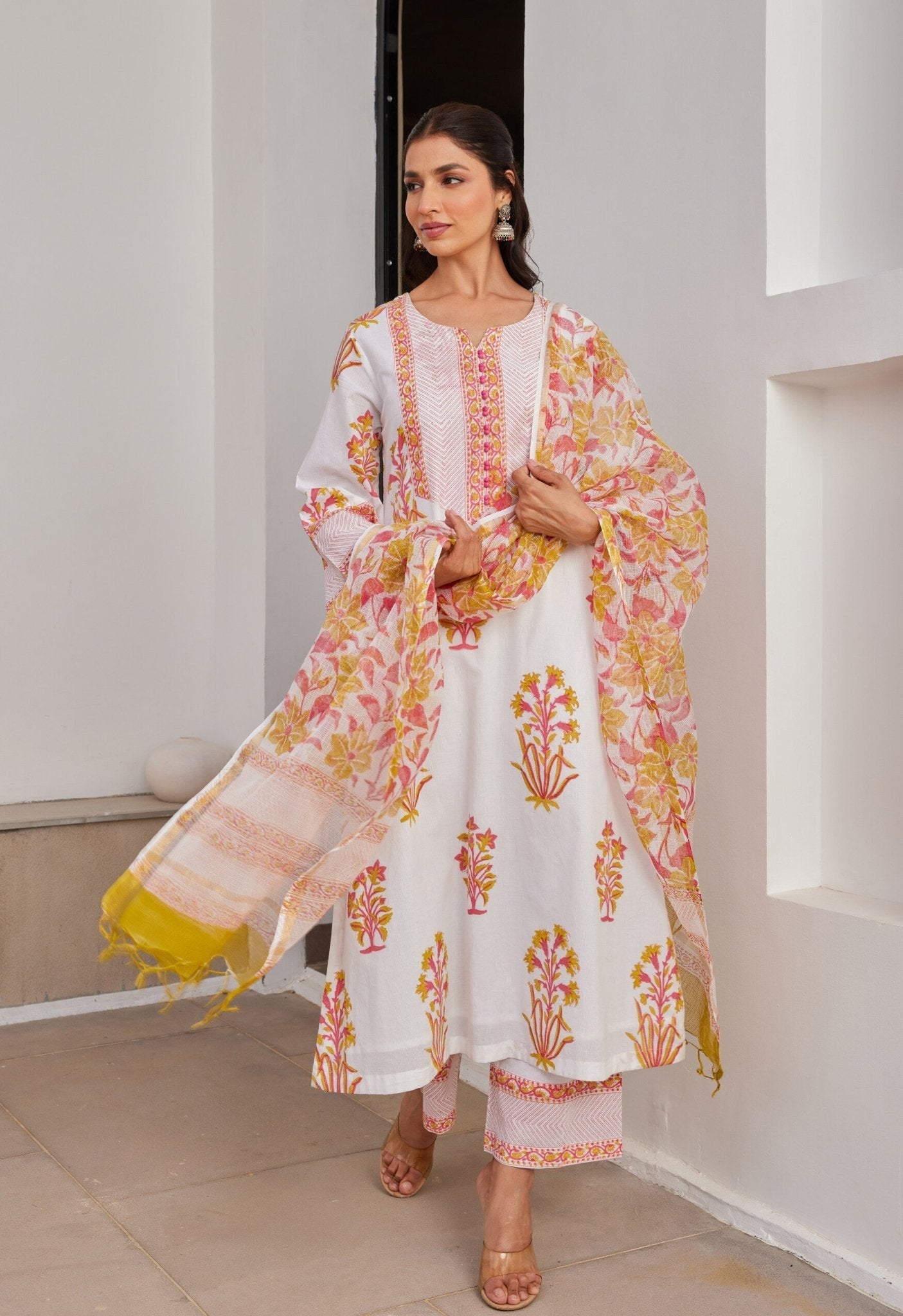 White Pink And Yellow Floral Hand Block Printed kurta Set - Tara - C - Tara