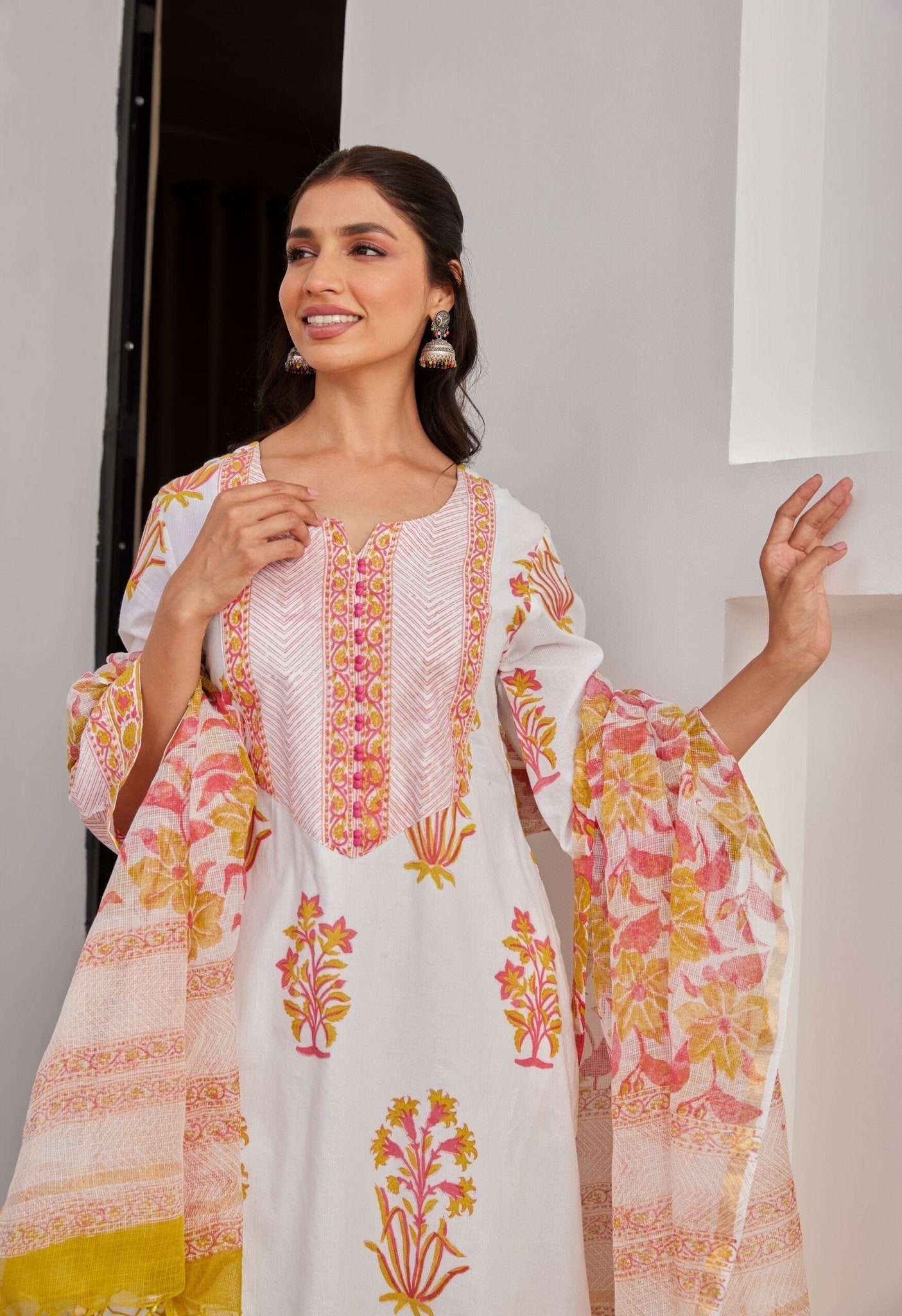 White Pink And Yellow Floral Hand Block Printed kurta Set - Tara - C - Tara