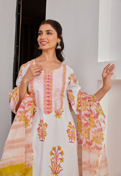 White Pink And Yellow Floral Hand Block Printed kurta Set - Tara - C - Tara