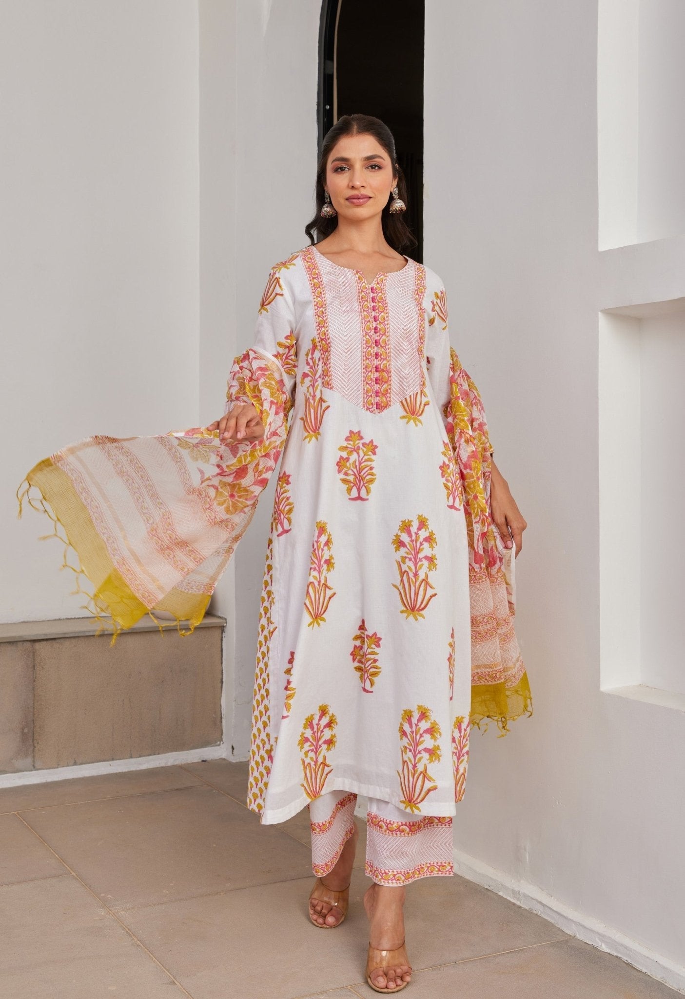 White Pink And Yellow Floral Hand Block Printed kurta Set - Tara - C - Tara