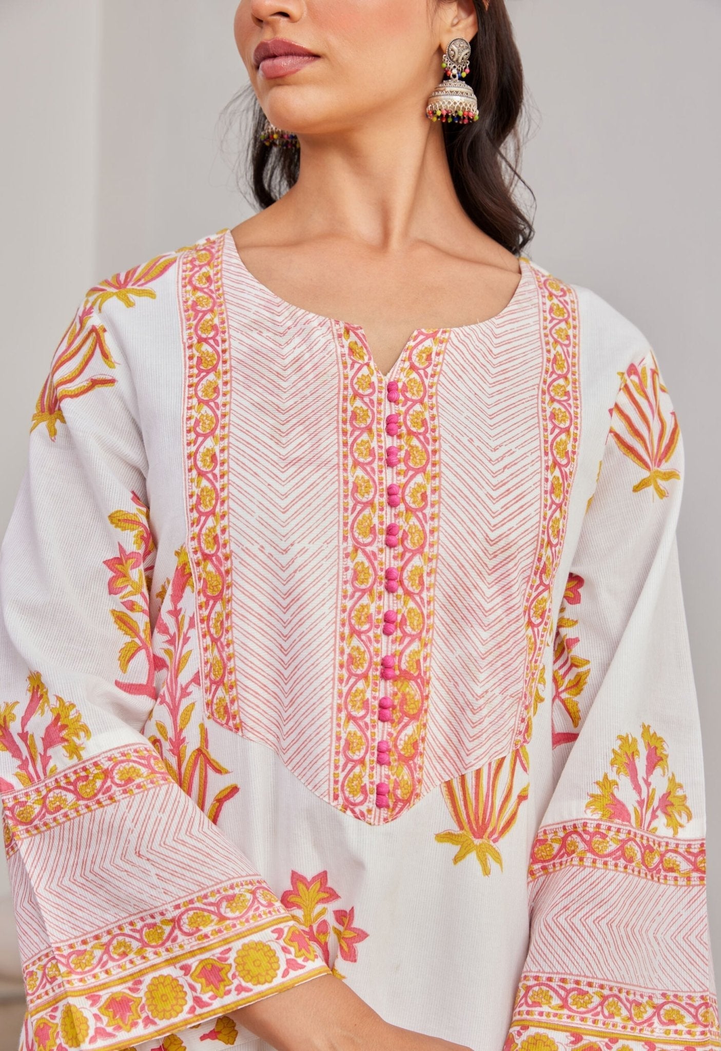 White Pink And Yellow Floral Hand Block Printed kurta Set - Tara - C - Tara