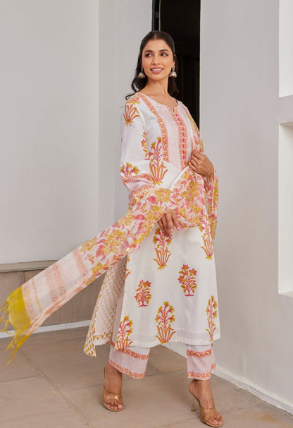 White Pink And Yellow Floral Hand Block Printed kurta Set - Tara - C - Tara