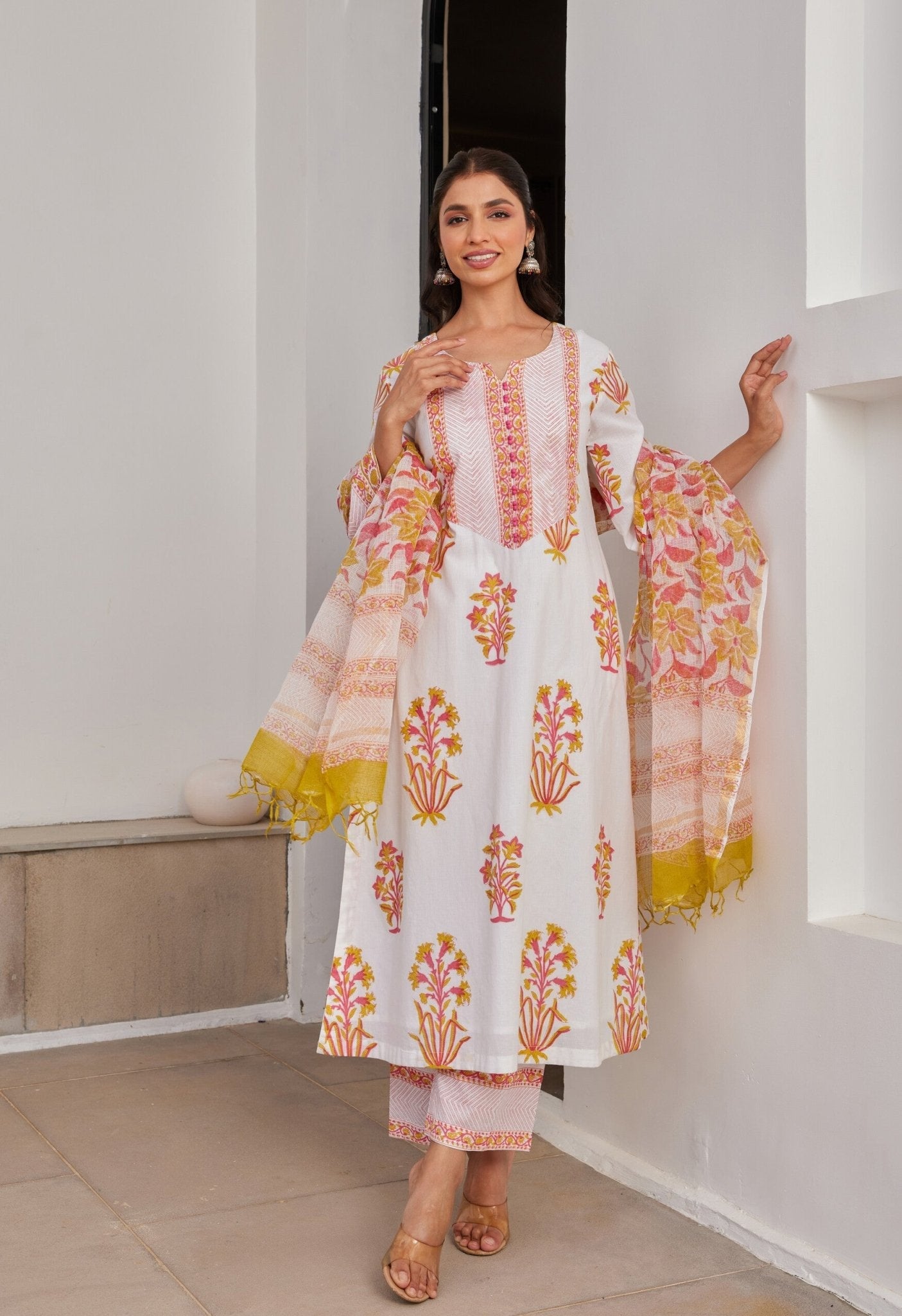 White Pink And Yellow Floral Hand Block Printed kurta Set - Tara - C - Tara