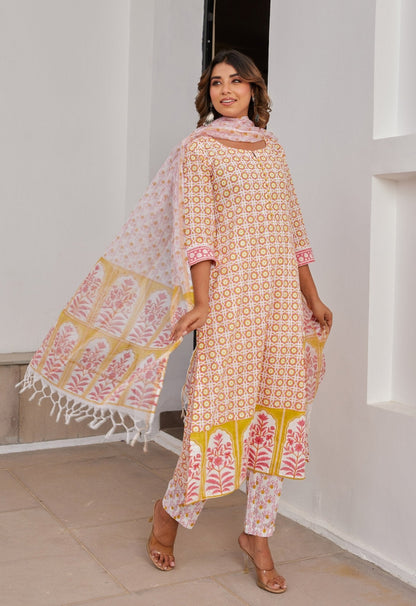 Yellow Abstract Hand Block Printed Kurta Set with Dupatta - Tara - C - Tara