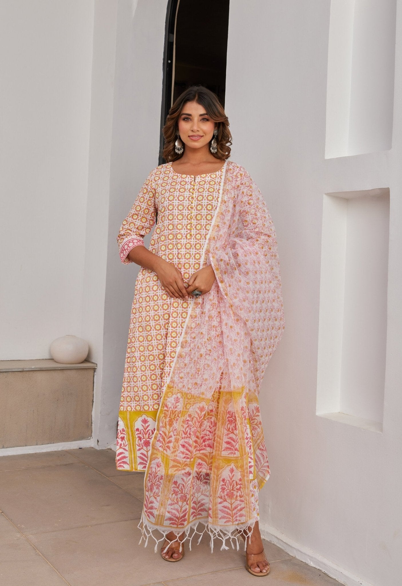 Yellow Abstract Hand Block Printed Kurta Set with Dupatta - Tara - C - Tara