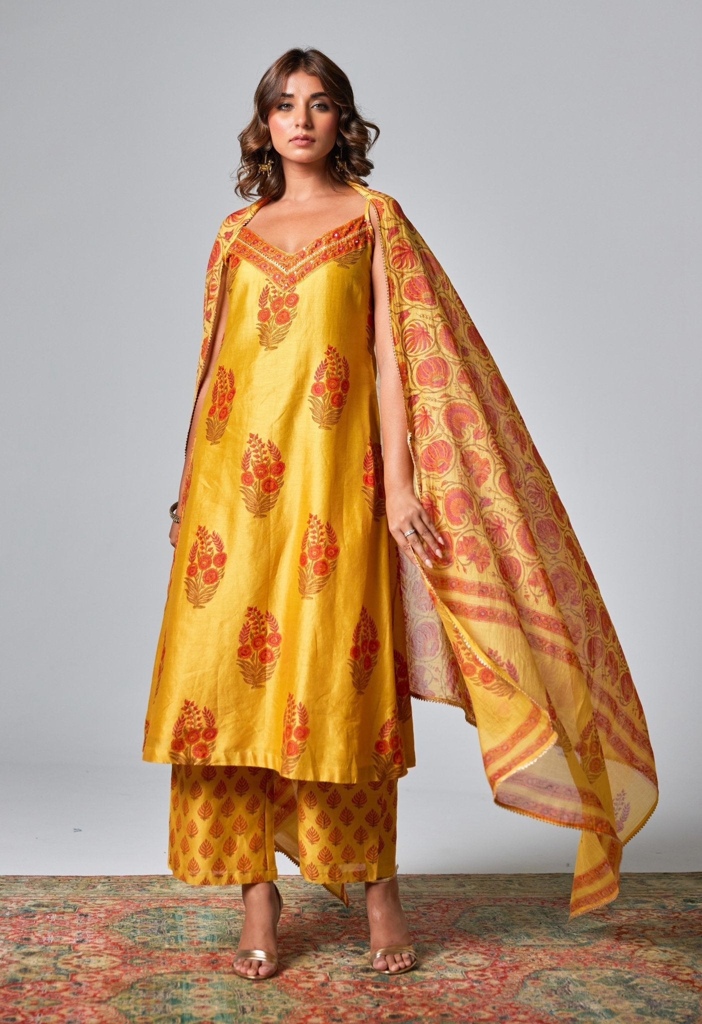 Yellow Chanderi Hand Block Printed Suit Set With Dupatta - Tara - C - Tara