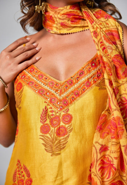 Yellow Chanderi Hand Block Printed Suit Set With Dupatta - Tara - C - Tara