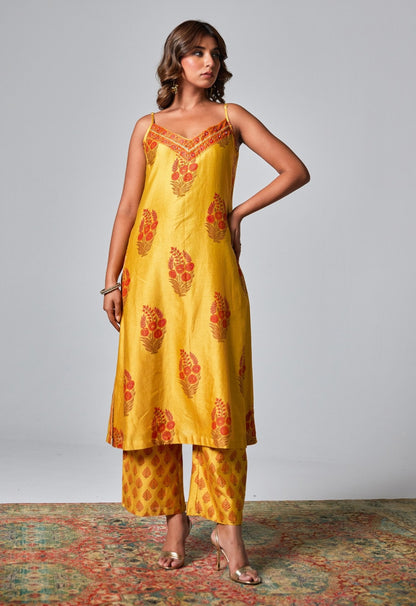 Yellow Chanderi Hand Block Printed Suit Set With Dupatta - Tara - C - Tara